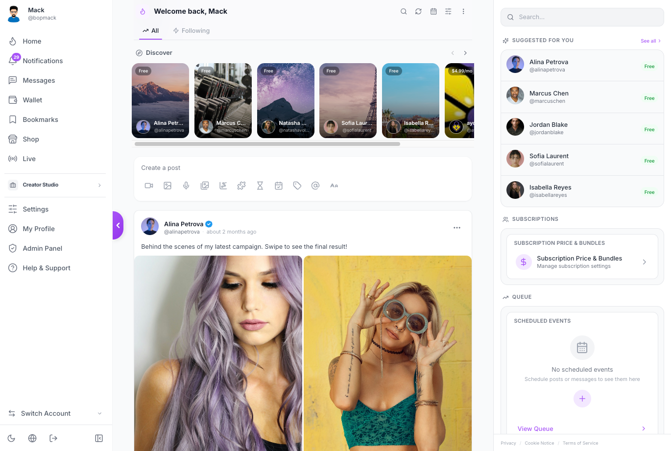 OfEngine creator dashboard interface showing posts, subscriptions, and queue management